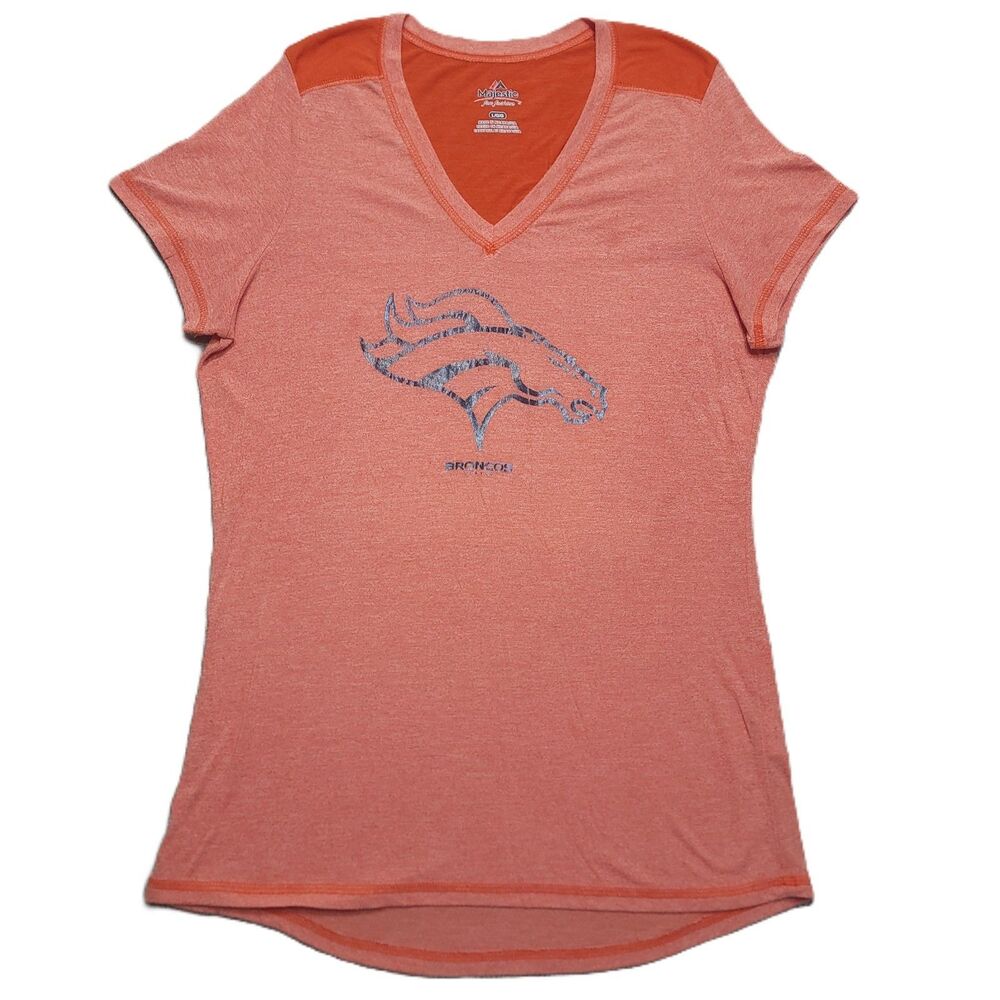Denver Broncos NFL Majestic Shirt Womens L Bright Lights V Neck Orange Top